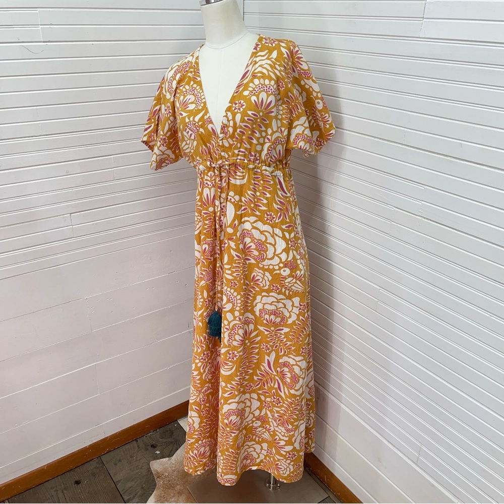 Omika Sohalia Gold Block Print Linen Blend Maxi Dress in Mustard - Picture 5 of 8